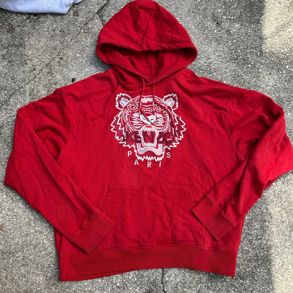 Kenzo Paris Red Tiger Head Embroidered Hoodie Mens 3XL